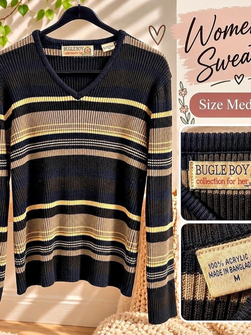 Bugle Boy Striped V-Neck Sweater in Black & Gold Size Medium